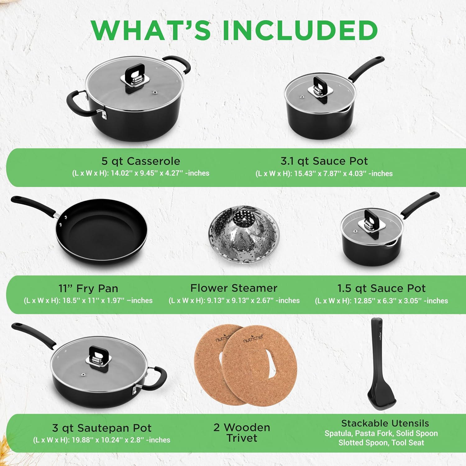 NutriChef 17pcs Stackable Pots and Pan, Stainless Steel Set Nonstick, Induction Cookware with Foldable Knob, Space Saving, Nylon Tools, Black, One Size1
