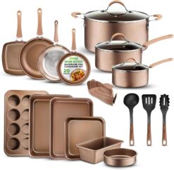 NutriChef 20-Piece Nonstick Kitchen Cookware Set - PFOA/PFOS-Free Heat Resistant Lacquer Kitchen Ware Pots Baking Pan Set w/ Saucepan, Frying Pans, Cooking Pots, Oven Pot, Lids, Utensil - NCCW20S