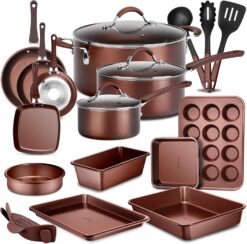 NutriChef 20 Piece Professional Home Kitchen Cookware and Bakeware, Pots and Pans Set Non Stick Kitchenware, Cool-Touch Handles, Safe for Gas, Electric, Induction Cooktops, Easy Clean, Brown