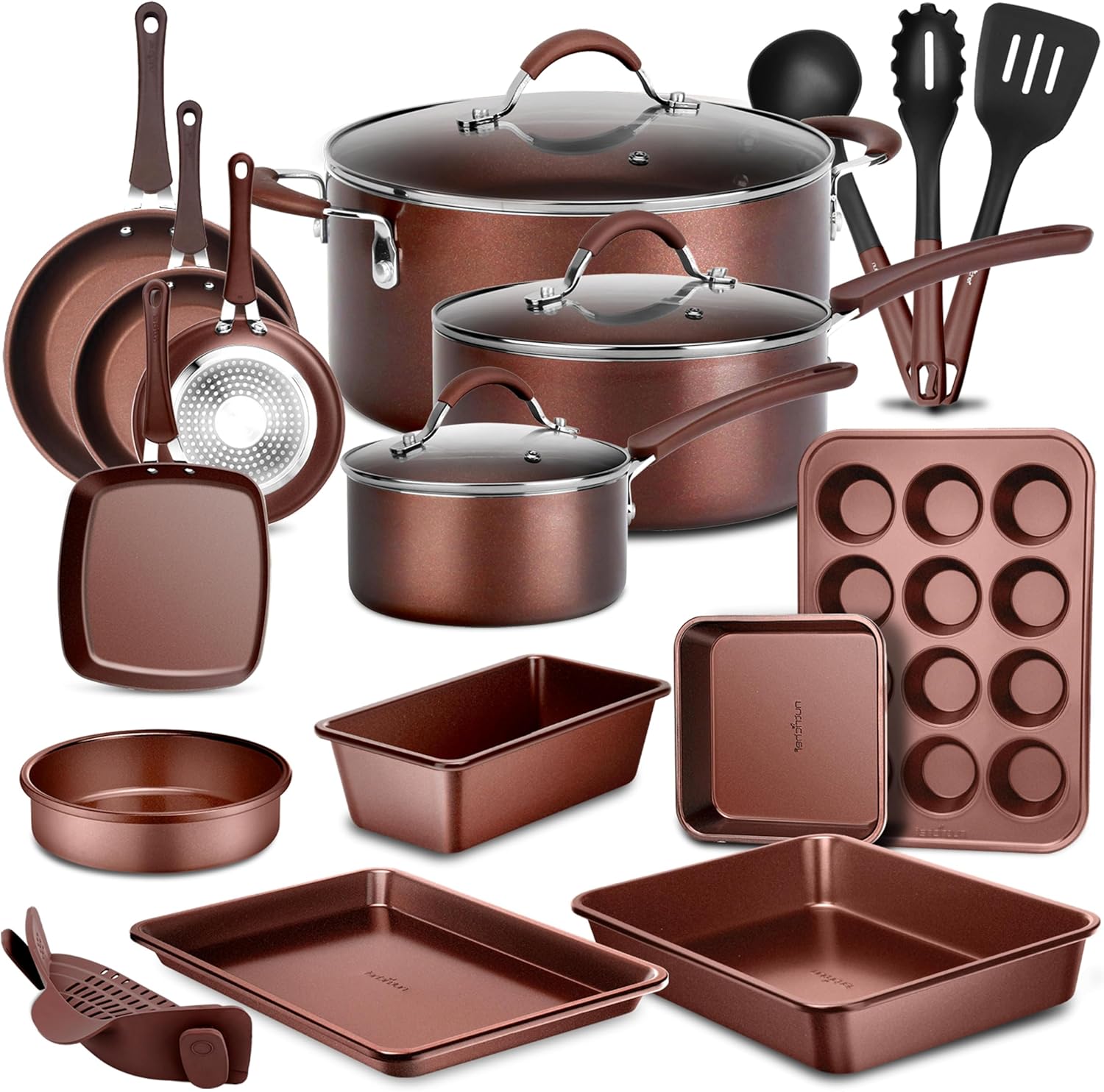 NutriChef 20 Piece Professional Home Kitchen Cookware and Bakeware, Pots and Pans Set Non Stick Kitchenware, Cool-Touch Handles, Safe for Gas, Electric, Induction Cooktops, Easy Clean, Brown NutriChef 20 Piece Professional Home Kitchen Cookware and Bakeware, Pots and Pans Set Non Stick Kitchenware, Cool-Touch Handles, Safe for Gas, Electric, Induction Cooktops, Easy Clean, Brown