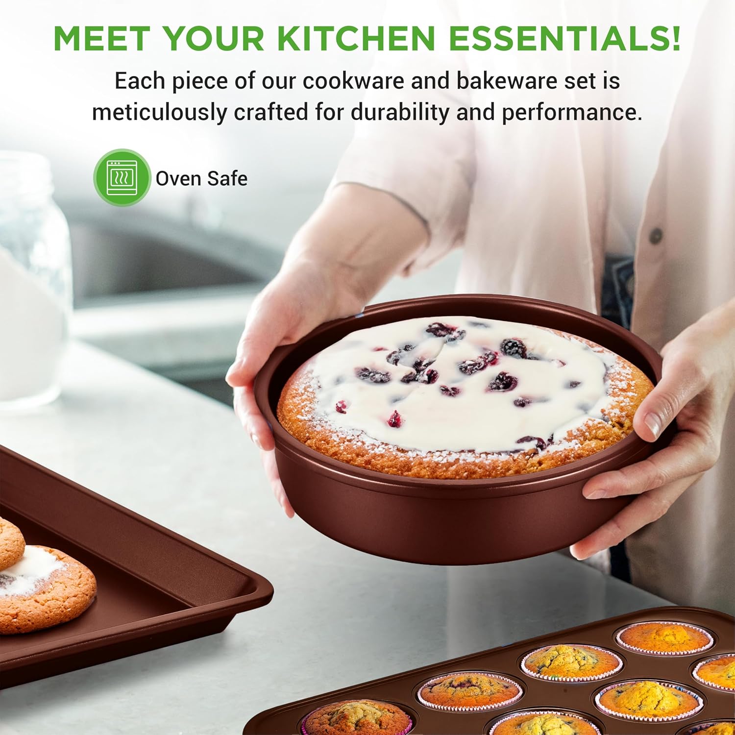 NutriChef 20 Piece Professional Home Kitchen Cookware and Bakeware, Pots and Pans Set Non Stick Kitchenware, Cool-Touch Handles, Safe for Gas, Electric, Induction Cooktops, Easy Clean, Brown0