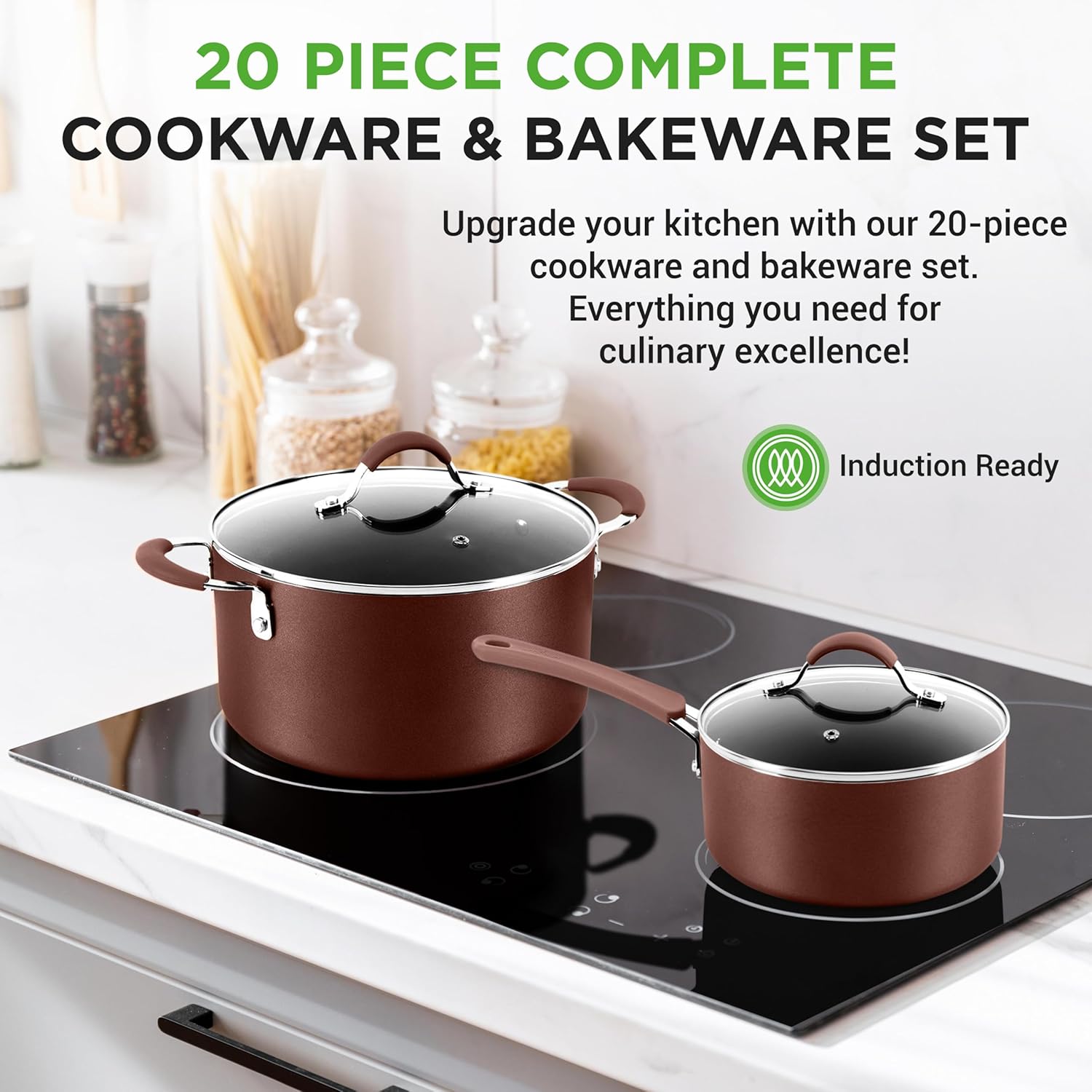 NutriChef 20 Piece Professional Home Kitchen Cookware and Bakeware, Pots and Pans Set Non Stick Kitchenware, Cool-Touch Handles, Safe for Gas, Electric, Induction Cooktops, Easy Clean, Brown1