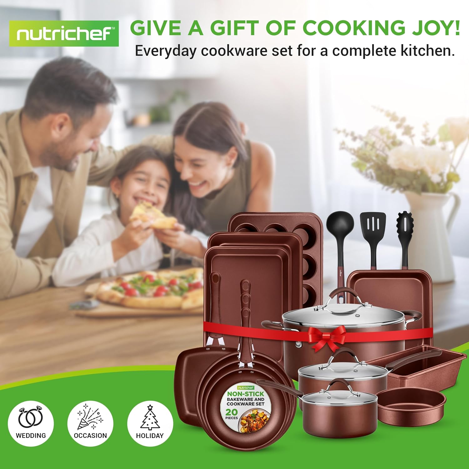 NutriChef 20 Piece Professional Home Kitchen Cookware and Bakeware, Pots and Pans Set Non Stick Kitchenware, Cool-Touch Handles, Safe for Gas, Electric, Induction Cooktops, Easy Clean, Brown11