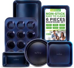 NutriChef 6-Piece Non-Stick Baking Pans - Carbon Steel Baking Trays with Nonstick Coating - Includes Muffin Pan, Loaf Pan, Cookie Sheets, & Round Pan - Restaurant Quality Baking Set, Dishwasher Safe