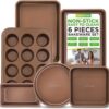 NutriChef 6-Piece Nonstick Bakeware Set, Carbon Steel Baking Pans, Includes Cookie Trays, Wide & Square Bake Pan, Bread Loaf & Round Cake Pan, Muffin Pan - Gold