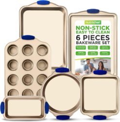 NutriChef 6-Piece Nonstick Bakeware Set - Premium Carbon Steel Baking Trays w/Heat-Safe Silicone Handles - Includes Loaf Pan, Muffin/Cupcake Pan, Round & Square Roaster Pans, Cookie Sheet - NCSBSG36