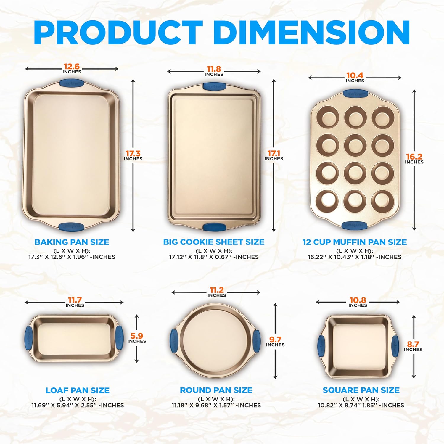 NutriChef 6-Piece Nonstick Bakeware Set - Premium Carbon Steel Baking Trays w Heat-Safe Silicone Handles - Includes Loaf Pan, Muffin Cupcake Pan, Round & Square Roaster Pans, Cookie Sheet - NCSBSG361