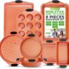 NutriChef 8 Piece Baking Pans Set - Nonstick Carbon Steel Bakeware Set w/ Silicone Heat-Safe Handles - Includes Loaf Pan, Muffin Pan, Cookie Sheets, Pizza Crisper, Roasting Pans - Copper