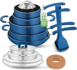 NutriChef Kitchenware Cookware, Non-Stick Pans, and Pots with foldable Knob, Space Saving, Stackable, Nylon -Tools, Induction Base, Brown (17-Piece Set), One Size