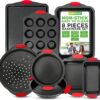 NutriChef Non-Stick Kitchen Oven Baking Pans-Deluxe & Stylish Nonstick Gray Coating Inside Outside, Commercial Grade Restaurant Quality Metal Bakeware with Red Silicone Handles NCSBS8S, 8 Piece Set