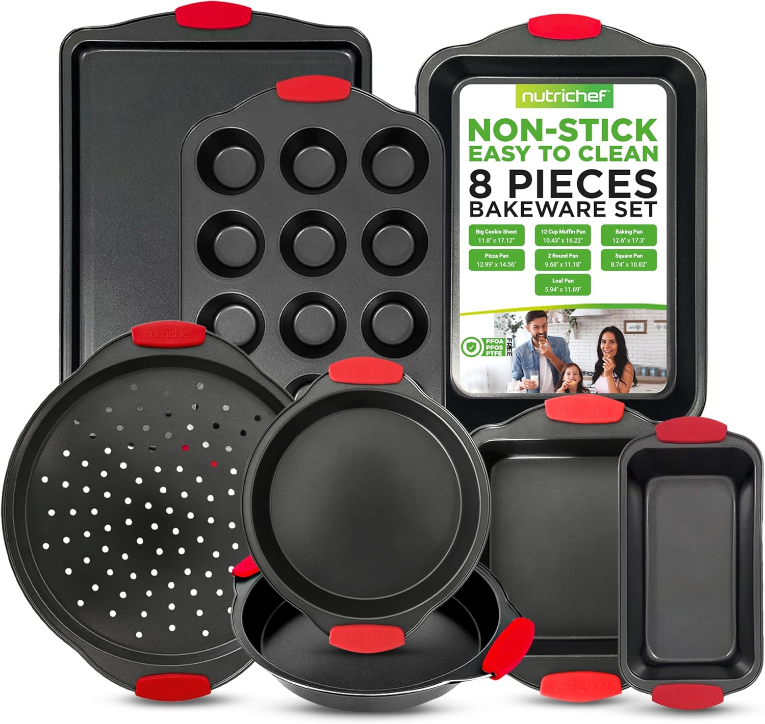 NutriChef Non-Stick Kitchen Oven Baking Pans-Deluxe & Stylish Nonstick Gray Coating Inside Outside, Commercial Grade Restaurant Quality Metal Bakeware with Red Silicone Handles NCSBS8S, 8 Piece Set NutriChef Non-Stick Kitchen Oven Baking Pans-Deluxe & Stylish Nonstick Gray Coating Inside Outside, Commercial Grade Restaurant Quality Metal Bakeware with Red Silicone Handles NCSBS8S, 8 Piece Set