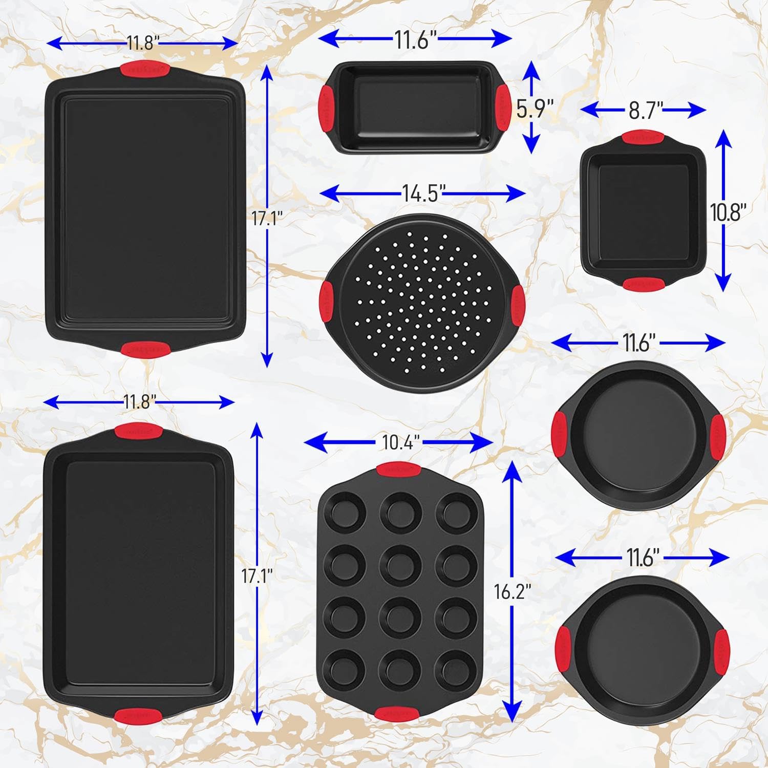 NutriChef Non-Stick Kitchen Oven Baking Pans-Deluxe & Stylish Nonstick Gray Coating Inside Outside, Commercial Grade Restaurant Quality Metal Bakeware with Red Silicone Handles NCSBS8S, 8 Piece Set1