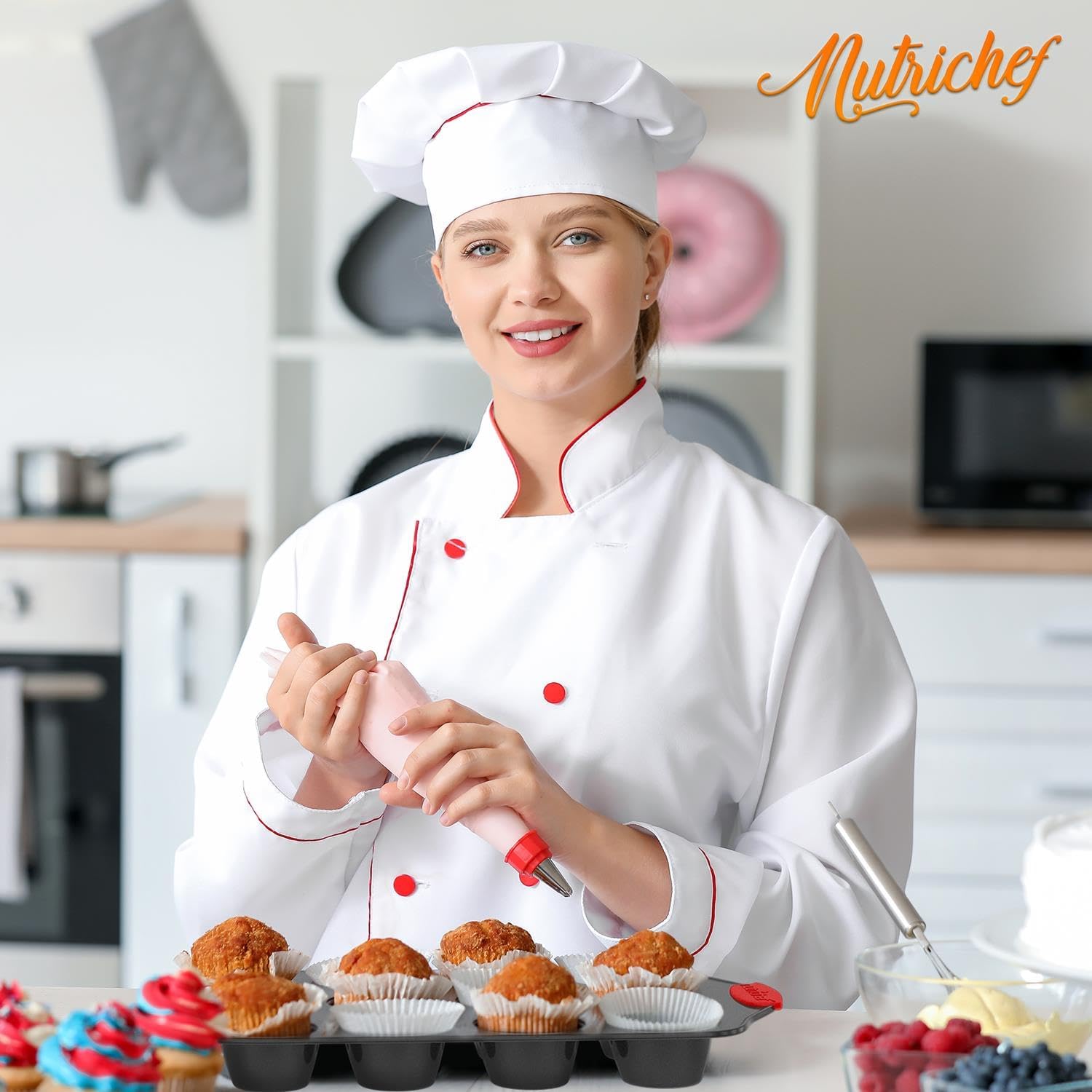 NutriChef Non-Stick Kitchen Oven Baking Pans-Deluxe & Stylish Nonstick Gray Coating Inside Outside, Commercial Grade Restaurant Quality Metal Bakeware with Red Silicone Handles NCSBS8S, 8 Piece Set9