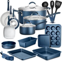 NutriChef Professional 20 Pc Kitchen Set in Navy Blue - Durable Non-Stick Pots and Pans with Bakeware Set, Compatible with Any Cooktop, Easy Clean, Cool-Touch Handles