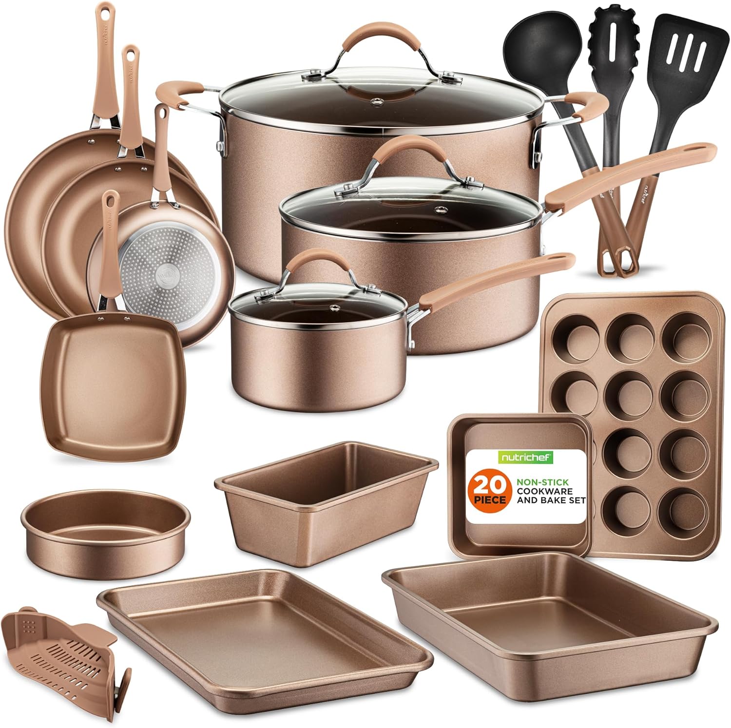 Nutrichef 20 Piece Professional Home Kitchen Cookware and Bakeware, Pots and Pans Set Non Stick Kitchenware, Cool-Touch Handles, Non Toxic, Safe for Gas, Electric, Induction Cooktops, Easy Clean Nutrichef 20 Piece Professional Home Kitchen Cookware and Bakeware, Pots and Pans Set Non Stick Kitchenware, Cool-Touch Handles, Non Toxic, Safe for Gas, Electric, Induction Cooktops, Easy Clean