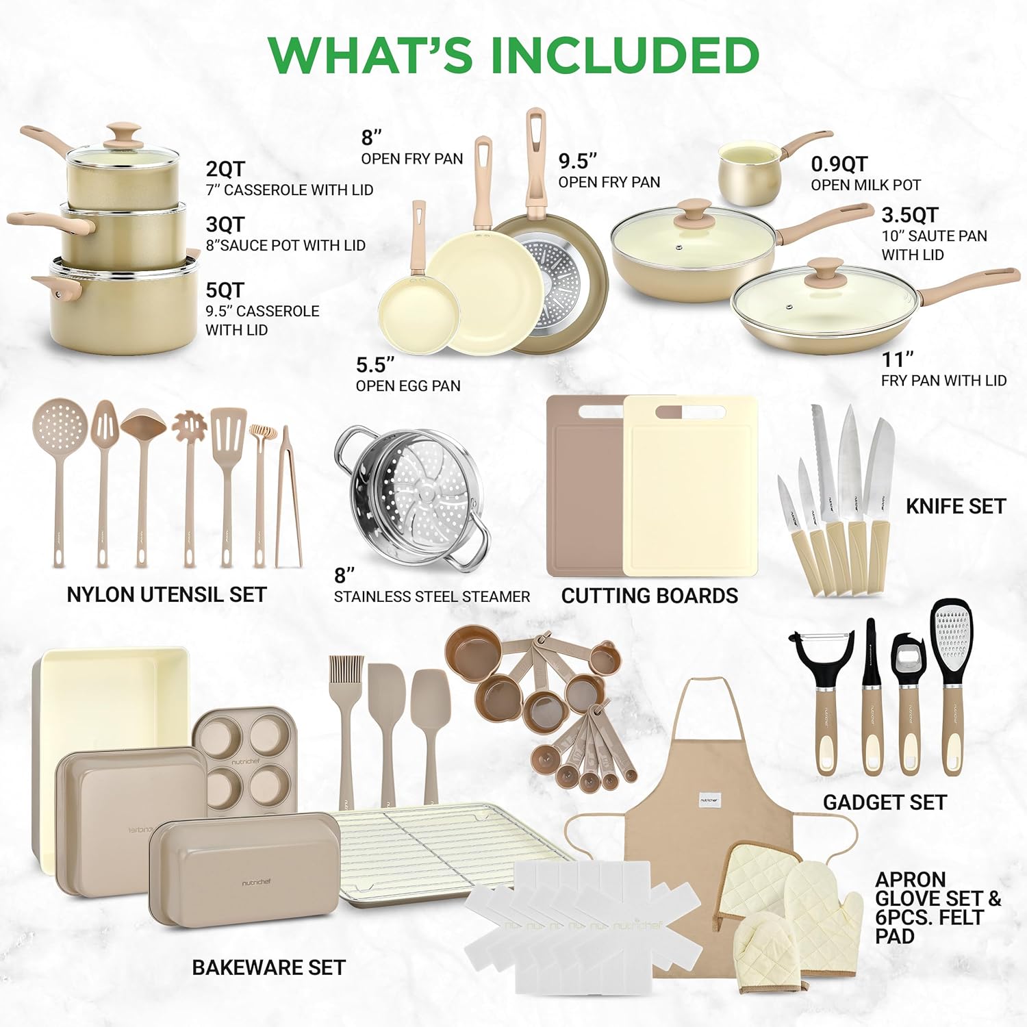 Nutrichef 54-Piece Marble Non-Stick Cookware and Bakeware Set, Professional Home Kitchen Collection with Multi-Sized Pots, Pans, and Heat-Resistant Tools1