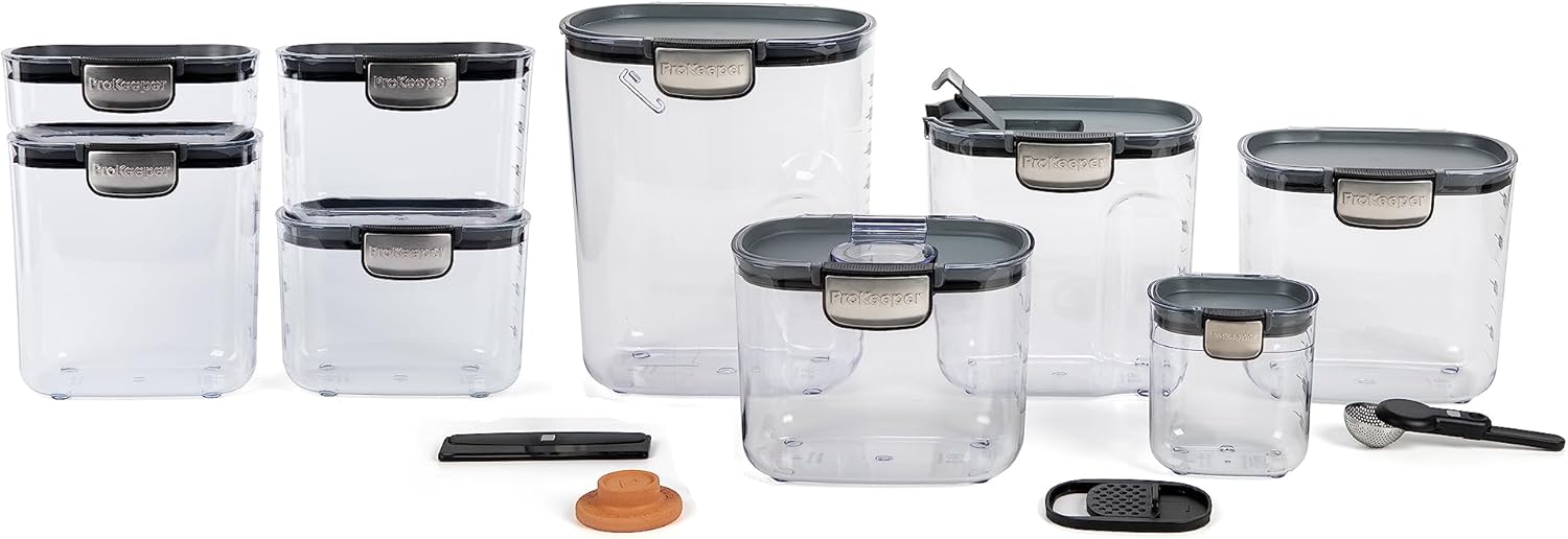 Progressive International ProKeeper+ Piece Clear Plastic Airtight Food Flour and Sugar Baker's Kitchen Storage Organization Container Canister Set with Magnetic Accessories (13-Piece) Progressive International ProKeeper+ Piece Clear Plastic Airtight Food Flour and Sugar Baker's Kitchen Storage Organization Container Canister Set with Magnetic Accessories (13-Piece)