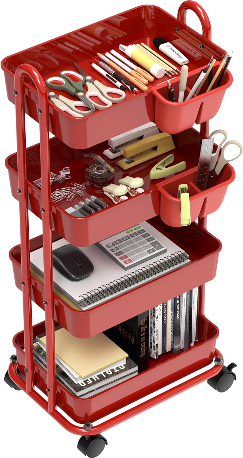 Simple Houseware 4-Tier Multifunctional Rolling Utility Cart with Hanging Buckets, Red1