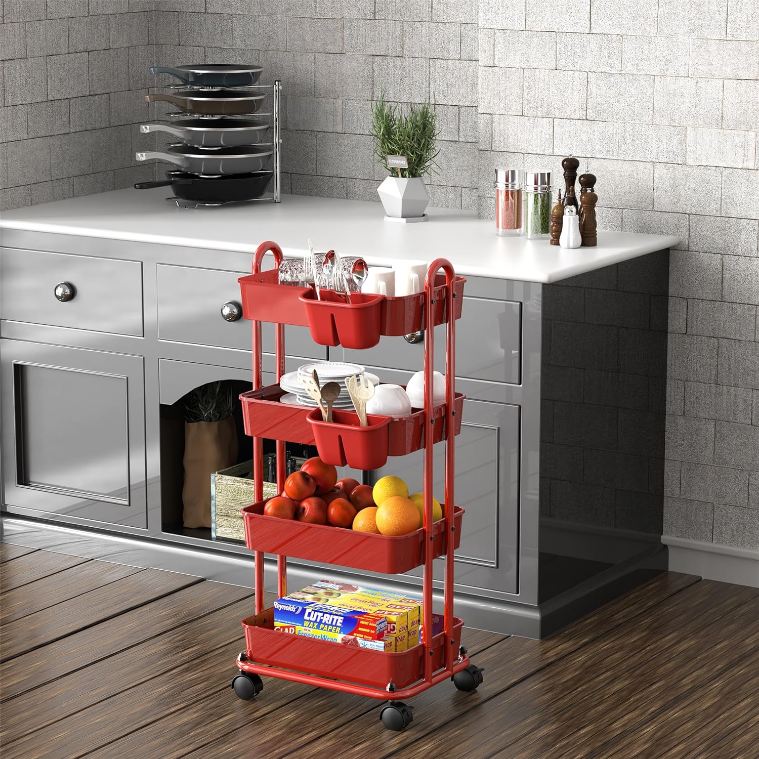 Simple Houseware 4-Tier Multifunctional Rolling Utility Cart with Hanging Buckets, Red3
