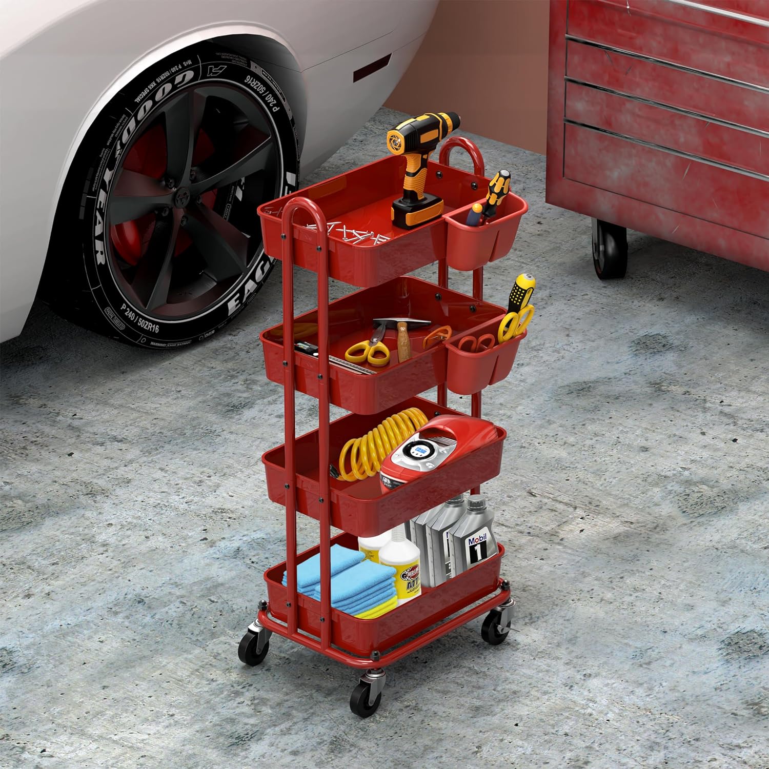 Simple Houseware 4-Tier Multifunctional Rolling Utility Cart with Hanging Buckets, Red5