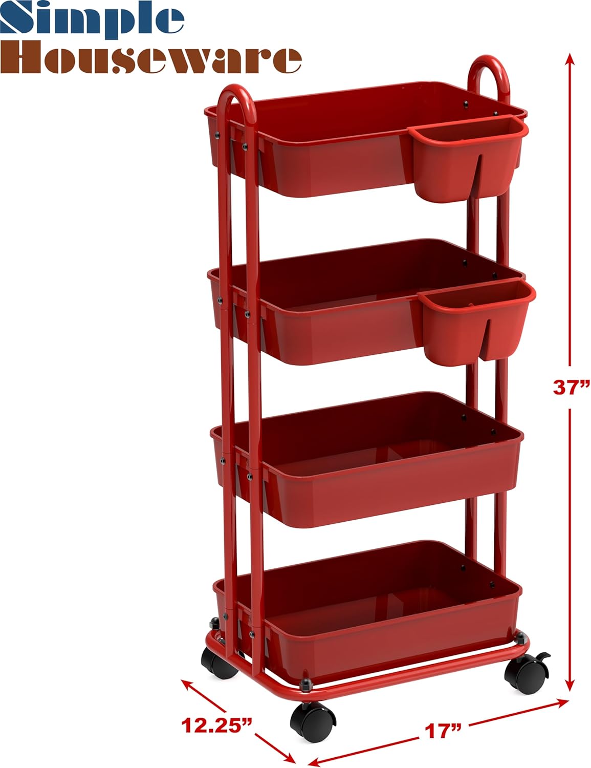 Simple Houseware 4-Tier Multifunctional Rolling Utility Cart with Hanging Buckets, Red6