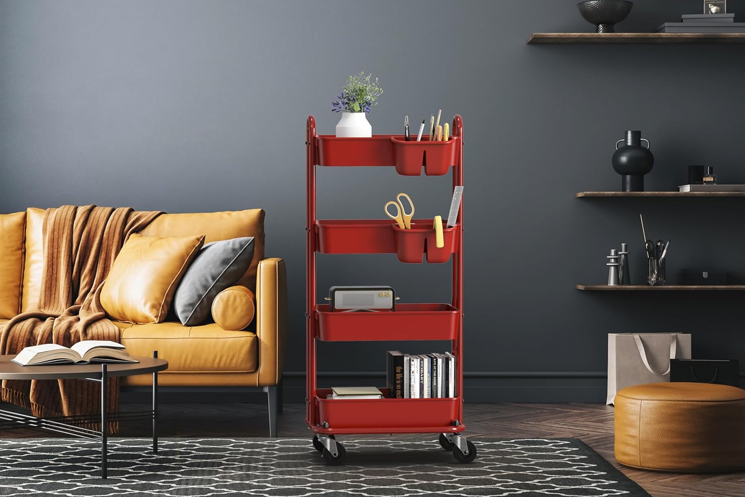 Simple Houseware 4-Tier Multifunctional Rolling Utility Cart with Hanging Buckets, Red8