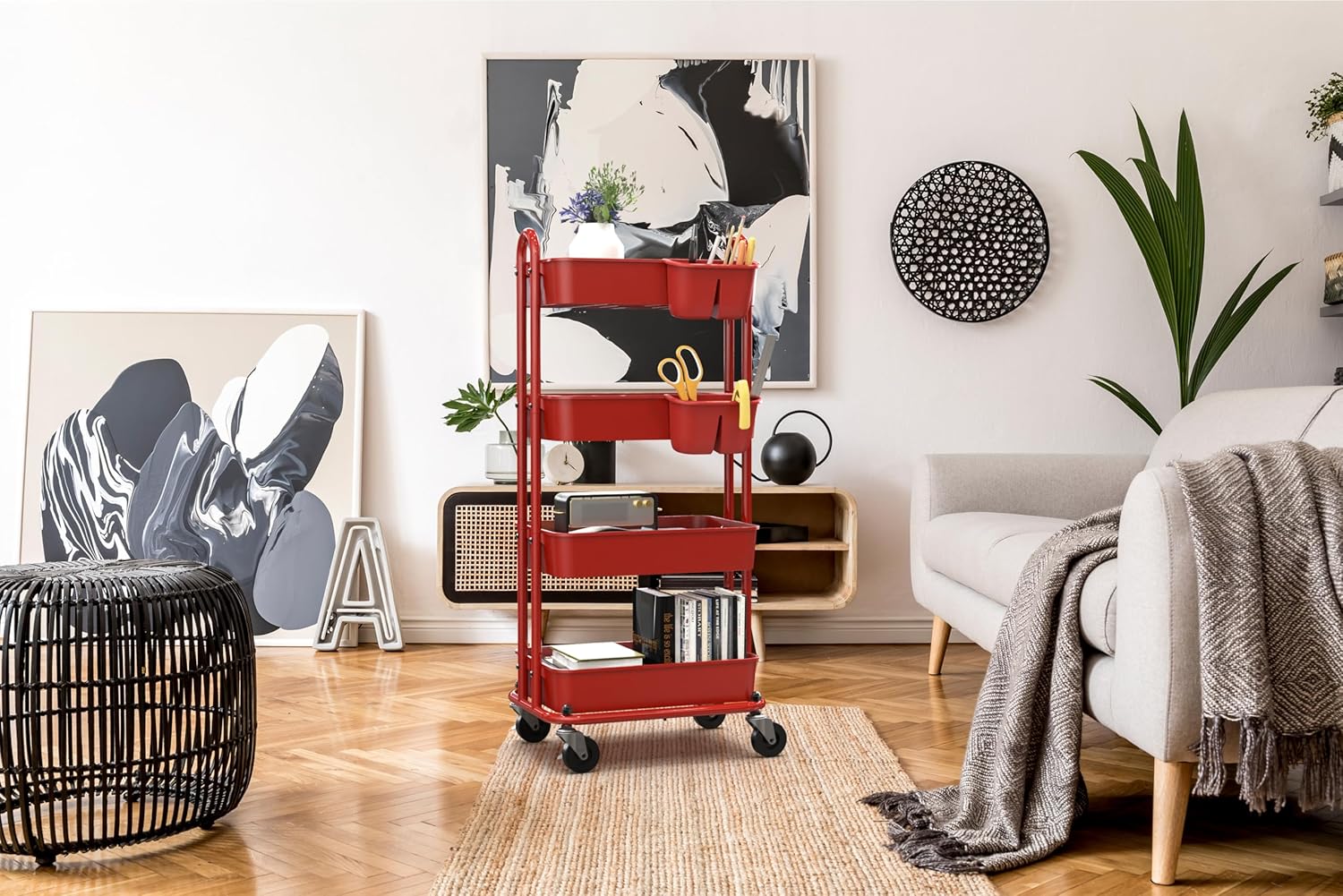 Simple Houseware 4-Tier Multifunctional Rolling Utility Cart with Hanging Buckets, Red9