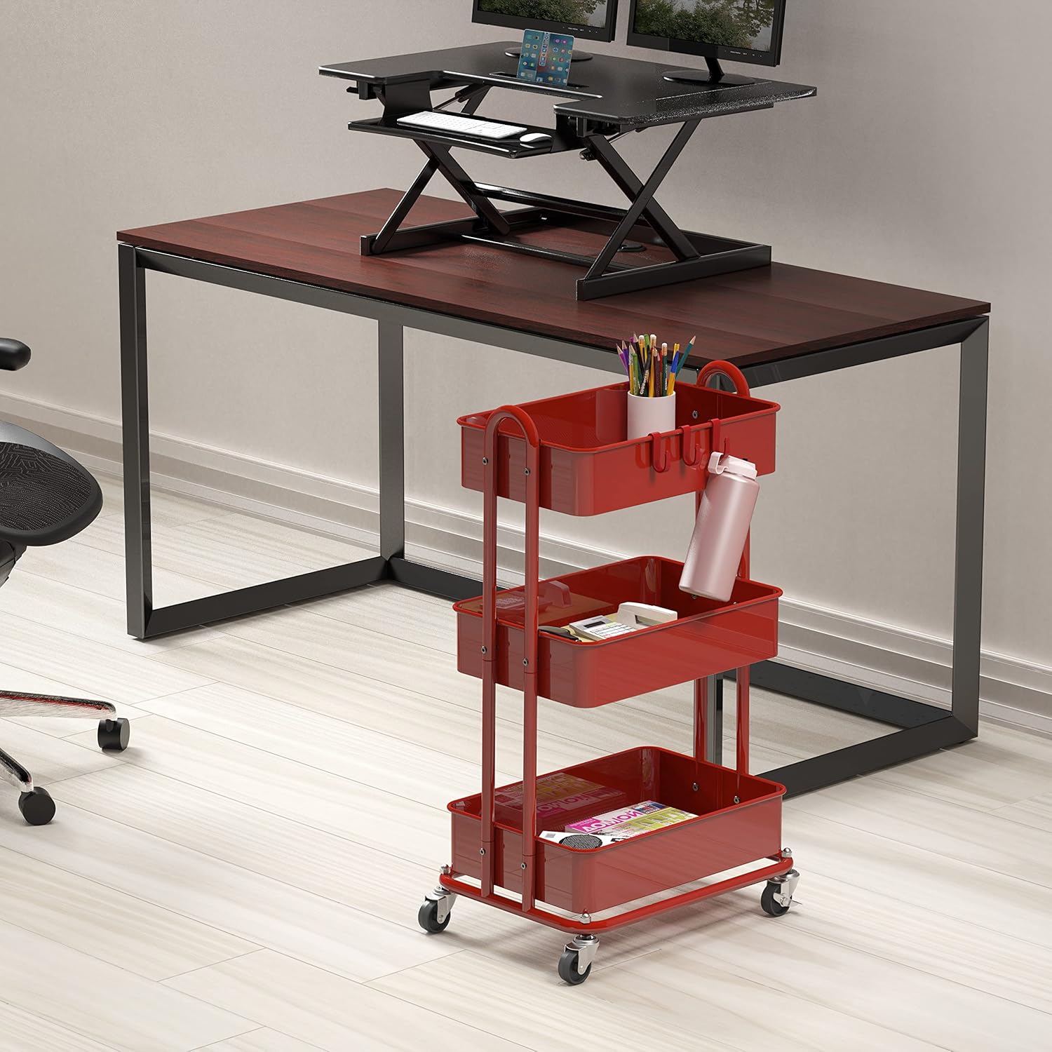 Simple Houseware Heavy Duty 3-Tier Metal Utility Rolling Cart, Red1