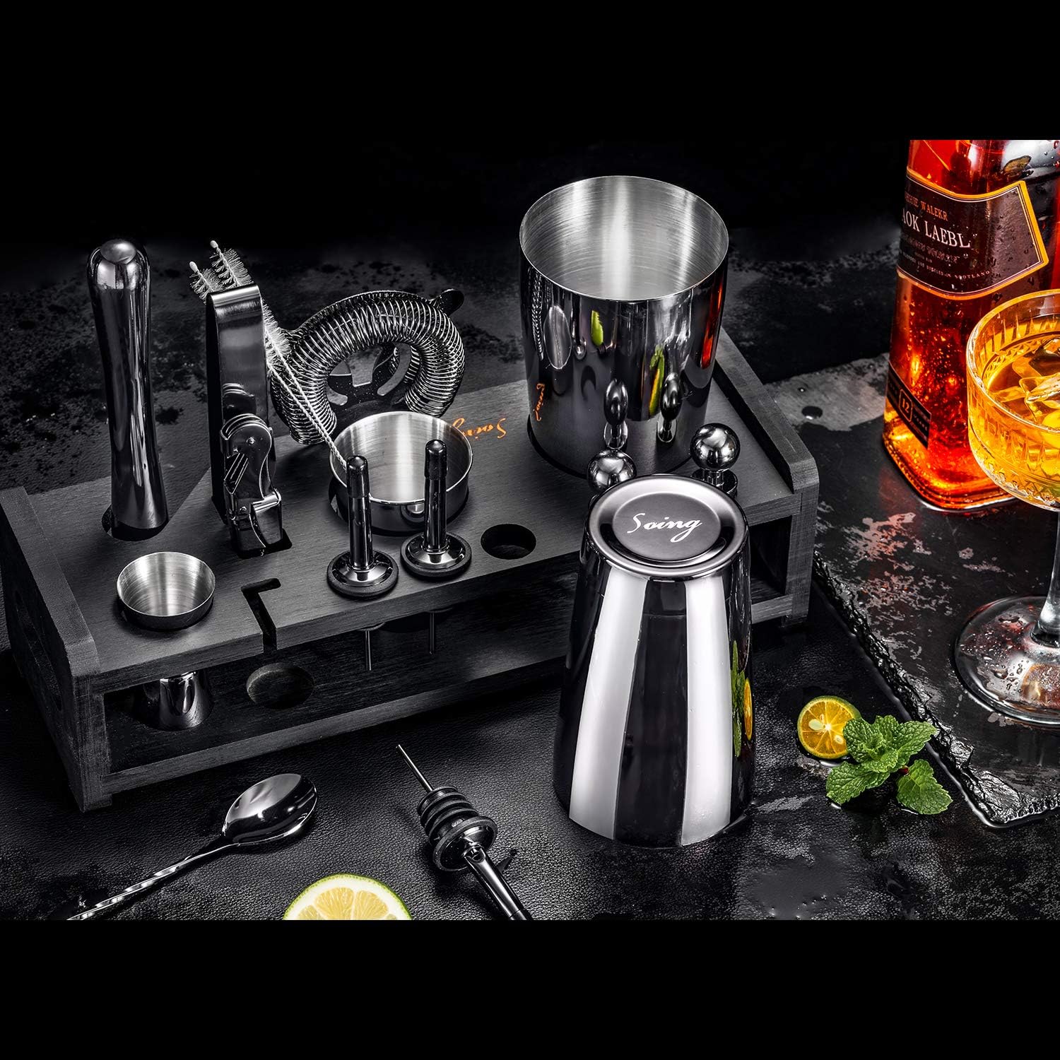 Soing 24-Piece Cocktail Shaker Set,Perfect Home Bartender Kit for Drink Mixing,Stainless Steel Bar Tools With Stand,Velvet Carry Bag & Recipes Cards Included (Black)0