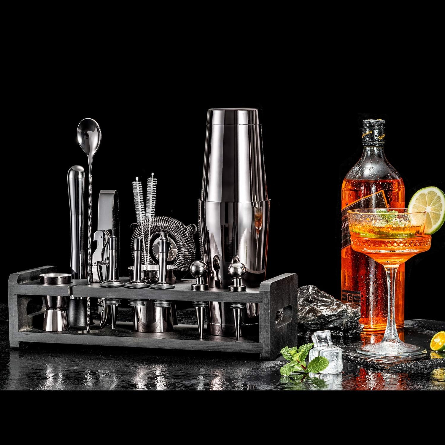 Soing 24-Piece Cocktail Shaker Set,Perfect Home Bartender Kit for Drink Mixing,Stainless Steel Bar Tools With Stand,Velvet Carry Bag & Recipes Cards Included (Black)11