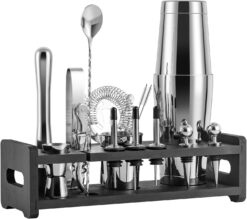 Soing 24-Piece Cocktail Shaker Set,Perfect Home Bartender Kit for Drink Mixing,Stainless Steel Bar Tools with Stand,Velvet Carry Bag & Recipes Cards Included (Silver)