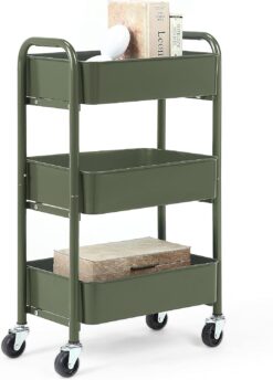 SunnyPoint 3-Tier Delicate Compact Rolling Metal Storage Organizer - Mobile Utility Cart Kitchen/Under Desk Cart with Caster Wheels (ARMY, Compact (15.5" X 26.8" X 10.27"))
