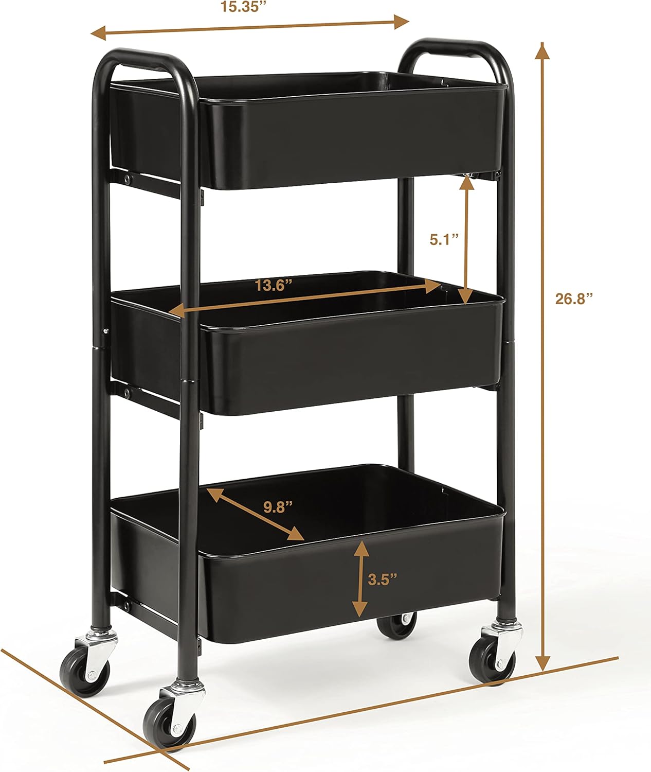SunnyPoint 3-Tier Delicate Compact Rolling Metal Storage Organizer - Mobile Utility Cart Kitchen Under Desk Cart with Caster Wheels (BLK, Compact (15.5 X 26.8 X 10.27))9