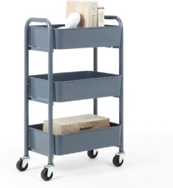 SunnyPoint 3-Tier Delicate Compact Rolling Metal Storage Organizer - Mobile Utility Cart Kitchen/Under Desk Cart with Caster Wheels (BLUE, Compact (15.5" X 26.8" X 10.27"))