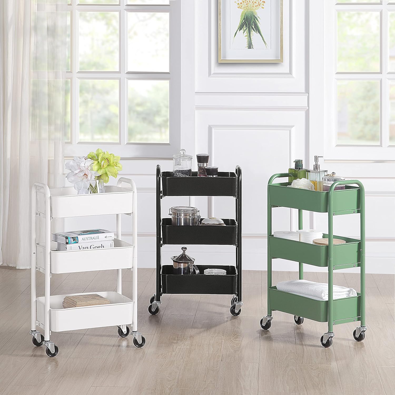 SunnyPoint 3-Tier Delicate Compact Rolling Metal Storage Organizer - Mobile Utility Cart Kitchen Under Desk Cart with Caster Wheels (TURQ, Compact (15.5 X 26.8 X 10.27))3