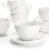 Sweese 6 Ounce Cappuccino Cups with Saucers, Porcelain Double Espresso Cups Set of 6 - White