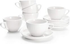 Sweese 6 Ounce Cappuccino Cups with Saucers, Porcelain Double Espresso Cups Set of 6 - White