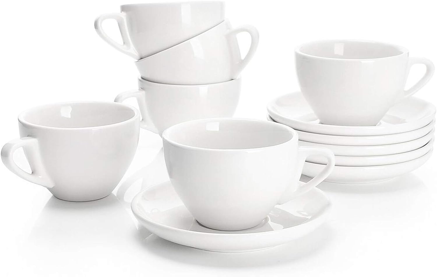 Sweese 6 Ounce Cappuccino Cups with Saucers, Porcelain Double Espresso Cups Set of 6 - White Sweese 6 Ounce Cappuccino Cups with Saucers, Porcelain Double Espresso Cups Set of 6 - White