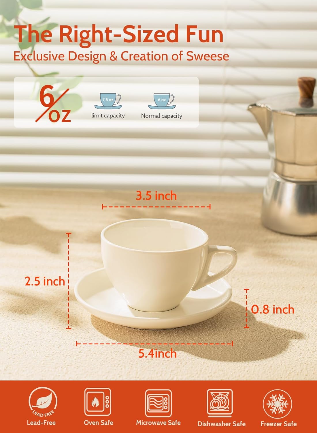 Sweese 6 Ounce Cappuccino Cups with Saucers, Porcelain Double Espresso Cups Set of 6 - White1