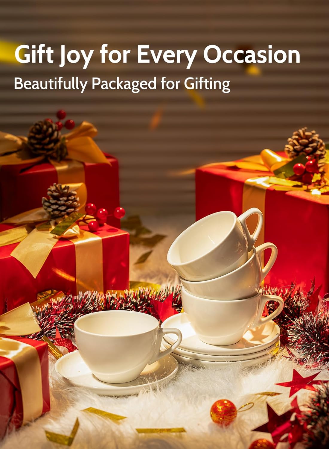 Sweese 6 Ounce Cappuccino Cups with Saucers, Porcelain Double Espresso Cups Set of 6 - White3