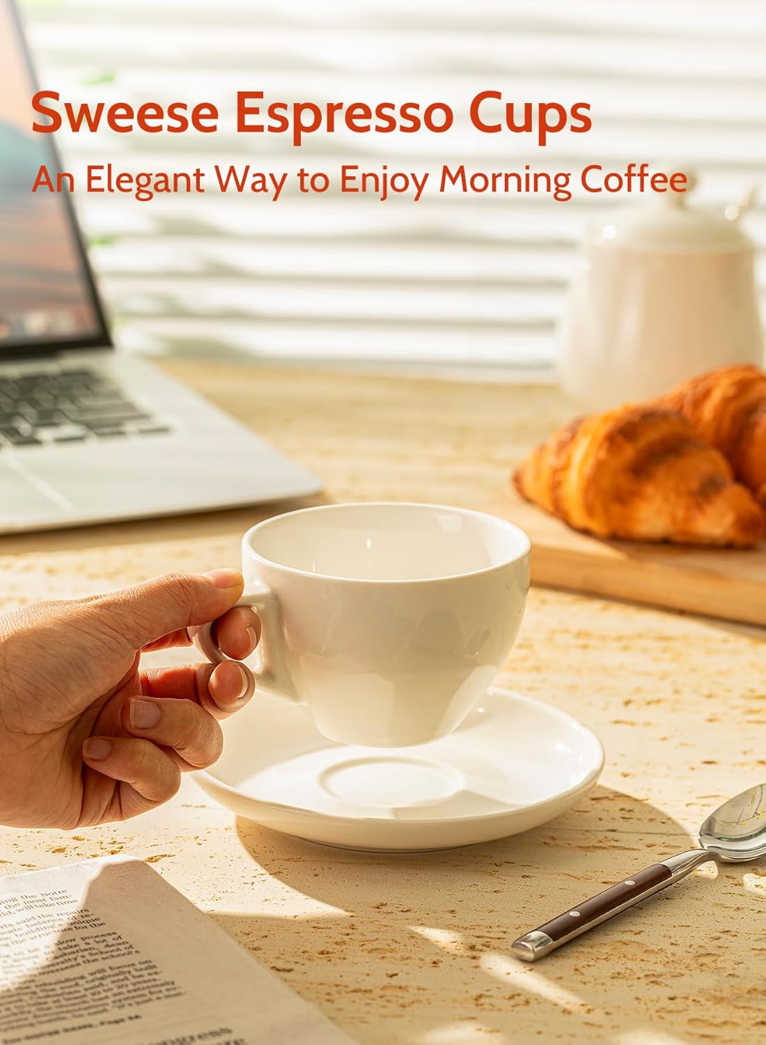 Sweese 6 Ounce Cappuccino Cups with Saucers, Porcelain Double Espresso Cups Set of 6 - White4