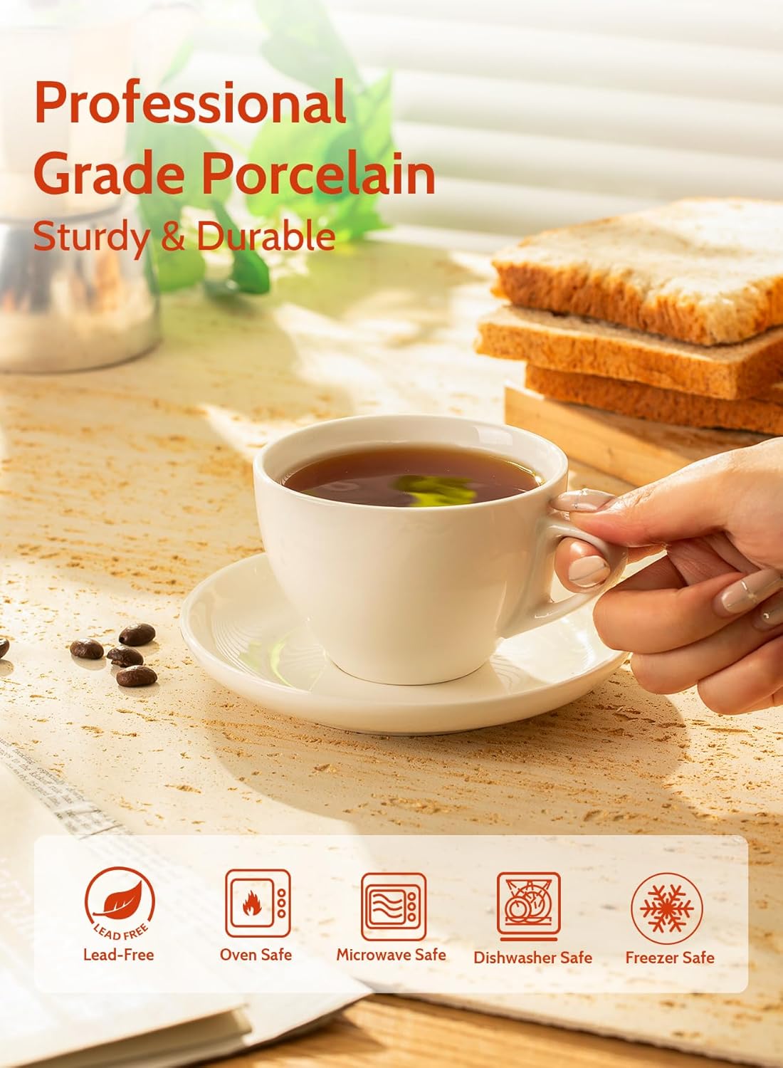 Sweese 6 Ounce Cappuccino Cups with Saucers, Porcelain Double Espresso Cups Set of 6 - White5