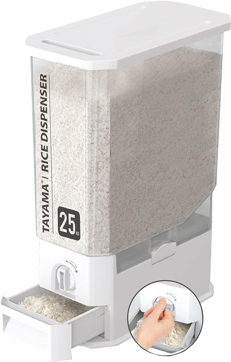 TAYAMA 55 lbs. Capacity Rice Dispenser Grain Storage Container,White3