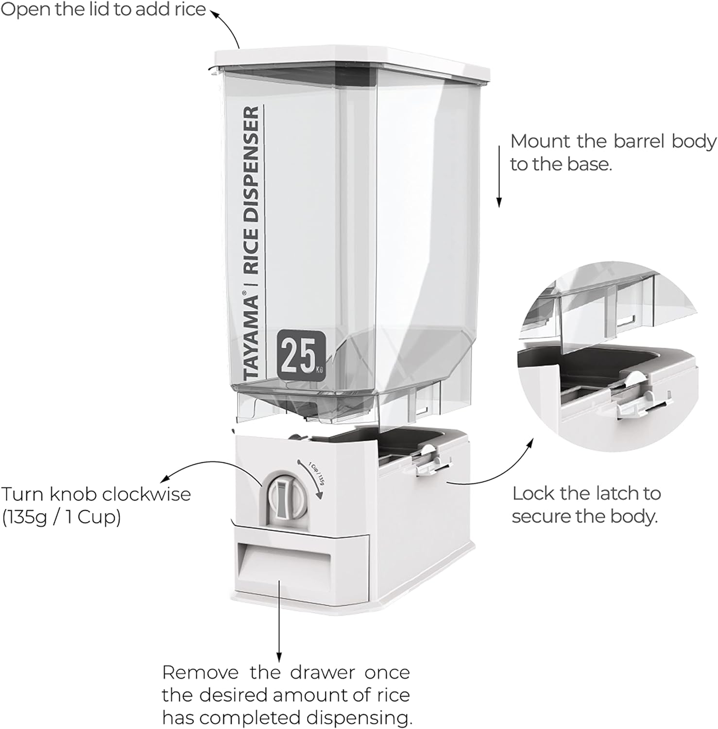 TAYAMA 55 lbs. Capacity Rice Dispenser Grain Storage Container,White4