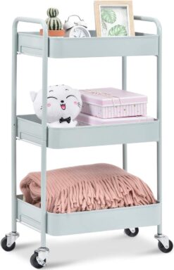 TOOLF 3-Tier Rolling Cart, Metal Utility Cart with Lockable Wheels, Storage Craft Art Cart Trolley Organizer Serving Cart Easy Assembly for Office, Bathroom, Kitchen, Kids' Room, Classroom (Green)