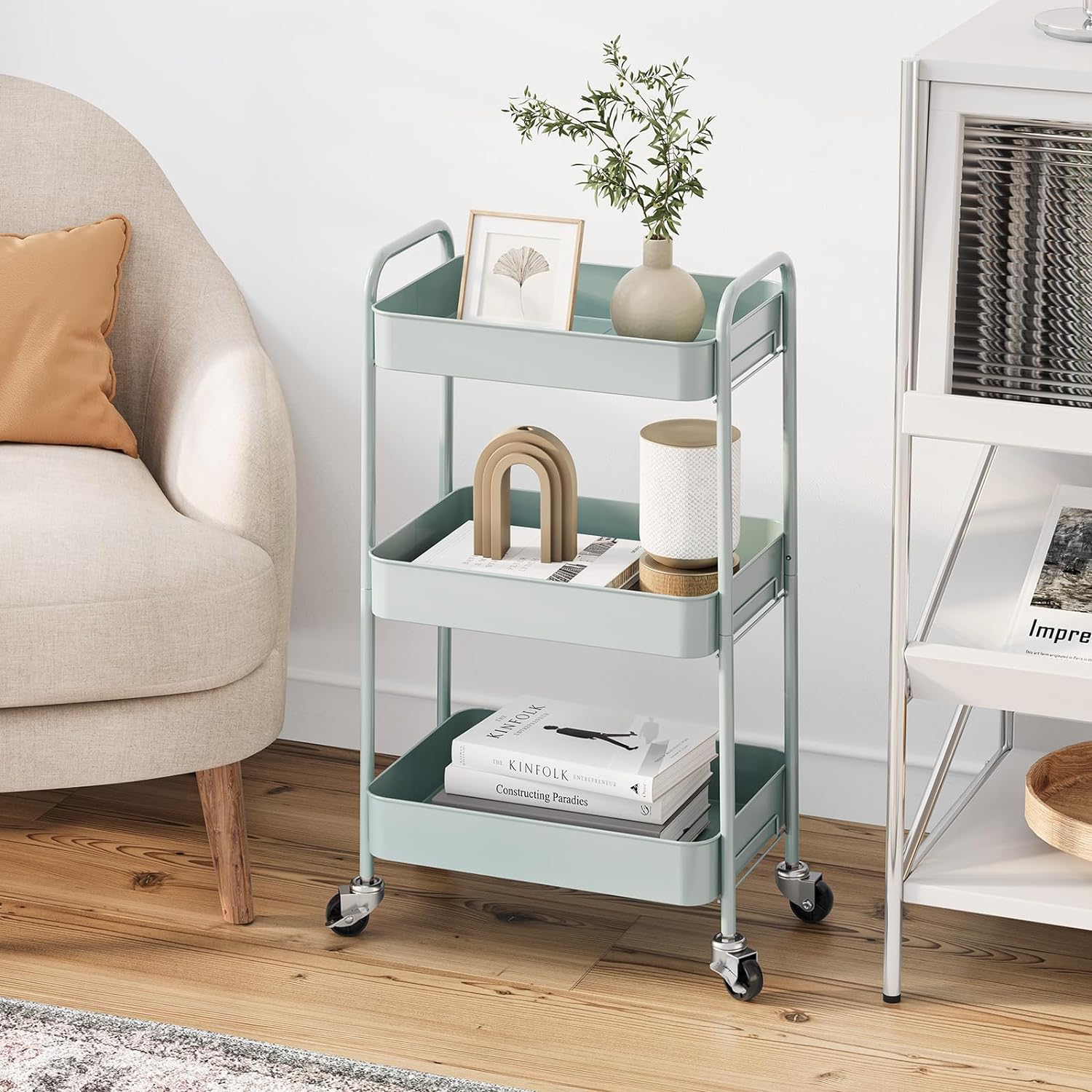 TOOLF 3-Tier Rolling Cart, Metal Utility Cart with Lockable Wheels, Storage Craft Art Cart Trolley Organizer Serving Cart Easy Assembly for Office, Bathroom, Kitchen, Kids' Room, Classroom (Green)0