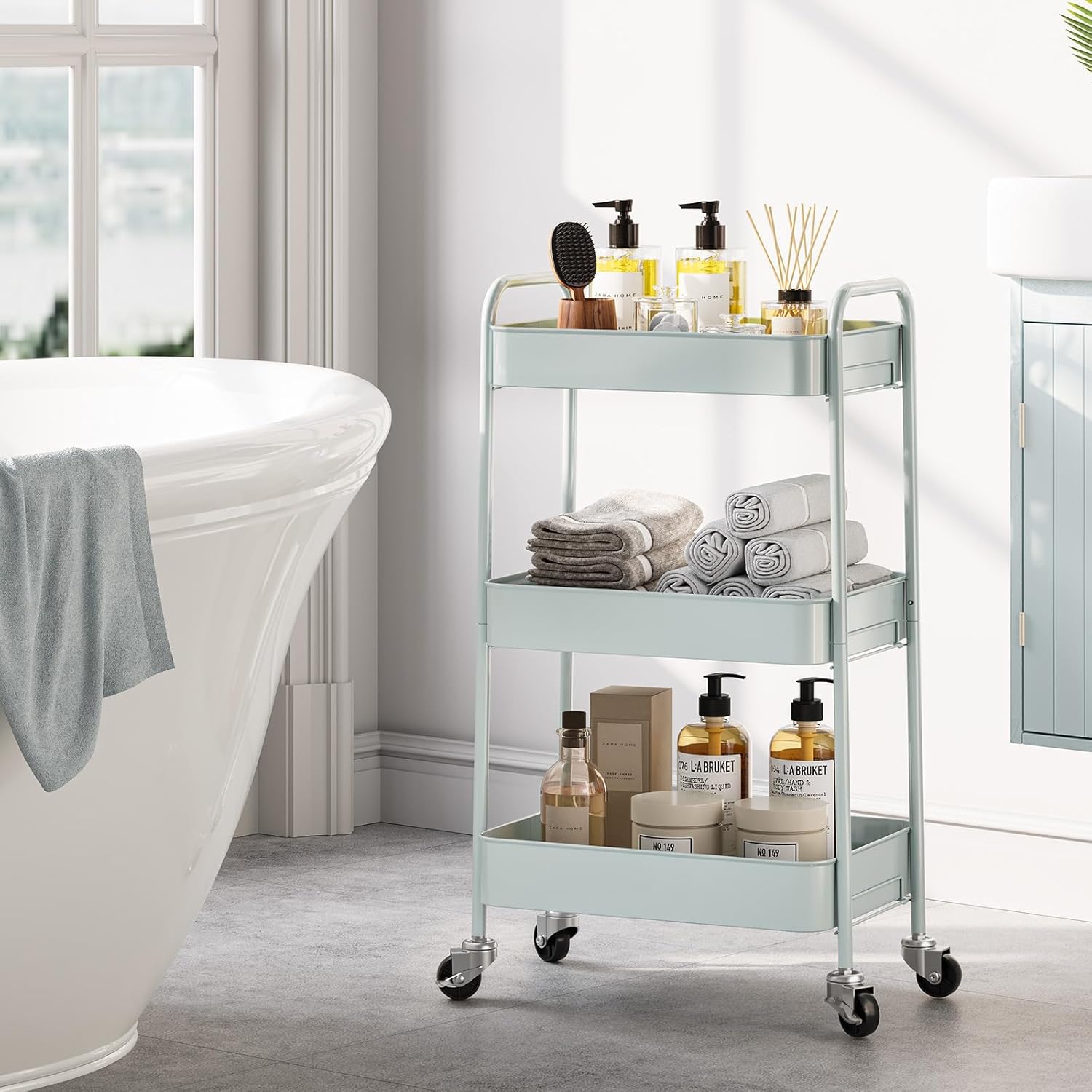 TOOLF 3-Tier Rolling Cart, Metal Utility Cart with Lockable Wheels, Storage Craft Art Cart Trolley Organizer Serving Cart Easy Assembly for Office, Bathroom, Kitchen, Kids' Room, Classroom (Green)1