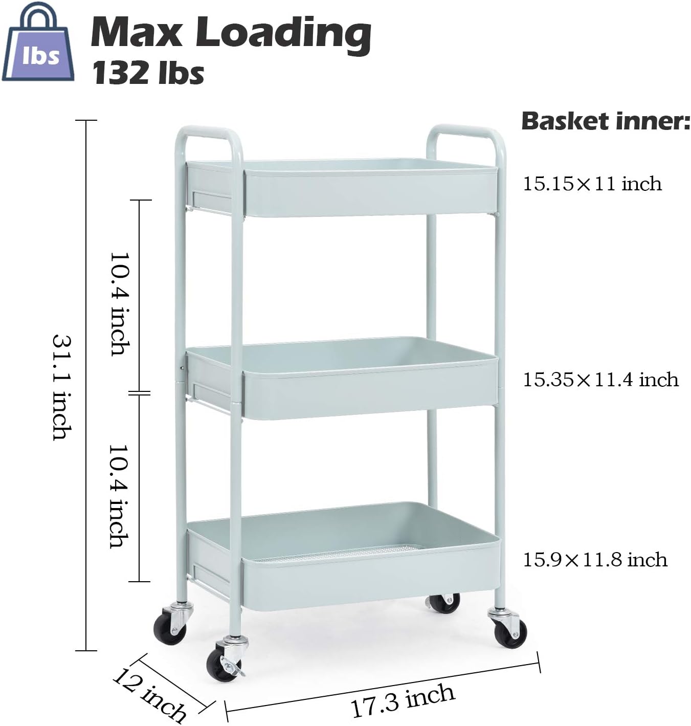 TOOLF 3-Tier Rolling Cart, Metal Utility Cart with Lockable Wheels, Storage Craft Art Cart Trolley Organizer Serving Cart Easy Assembly for Office, Bathroom, Kitchen, Kids' Room, Classroom (Green)9