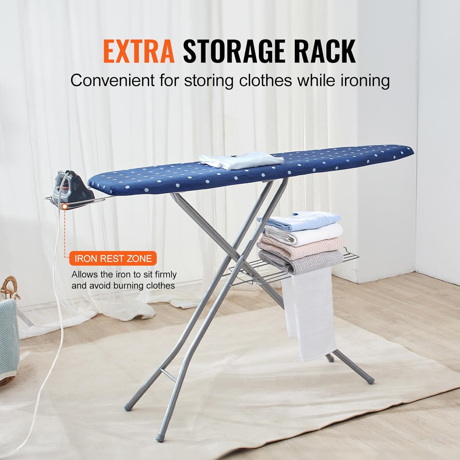 VEVOR Ironing Board with Bottom Storage Tray, Thickened 4 Layers Iron Board with Heat Resistant Cover and 100% Cotton Cover, 10 Adjustable Heights Ironing Board for Home Laundry Room Use (Size 55x15)4