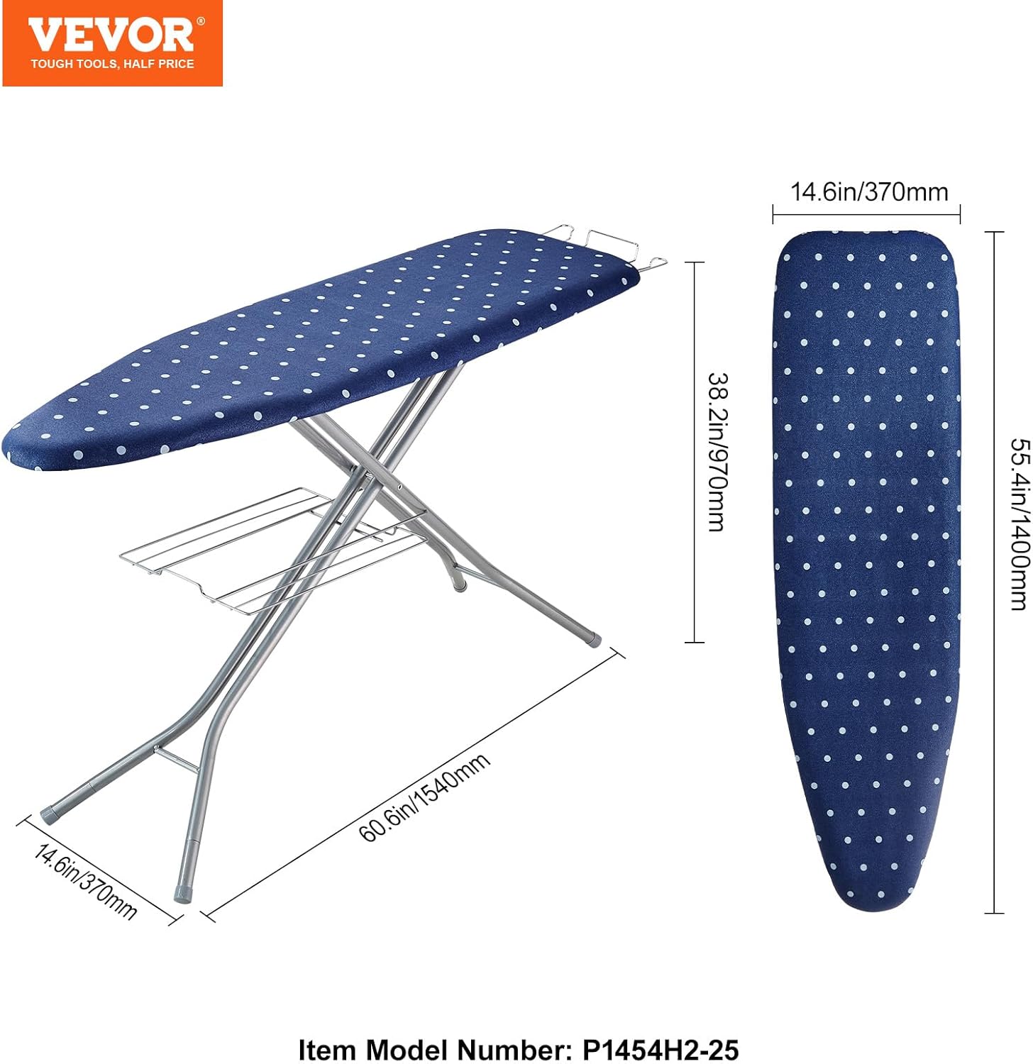 VEVOR Ironing Board with Bottom Storage Tray, Thickened 4 Layers Iron Board with Heat Resistant Cover and 100% Cotton Cover, 10 Adjustable Heights Ironing Board for Home Laundry Room Use (Size 55x15)8